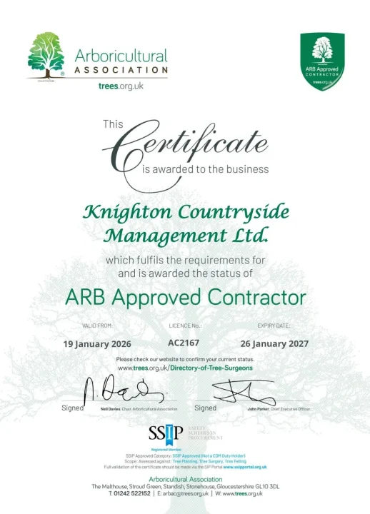 Knighton Countryside Management ARB Approved Certificate
